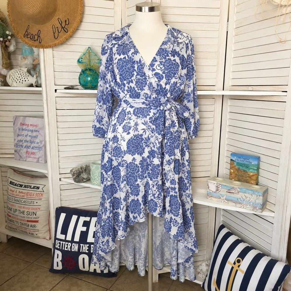 Julian Taylor Blue White Floral Wrap High Low Dress XL Cottagecore Boho Summer